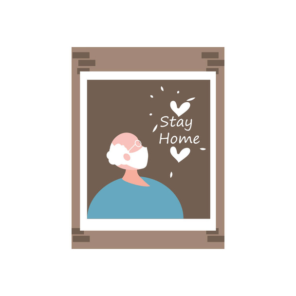 stay at home campaign, old man in the house window - Vector, Image