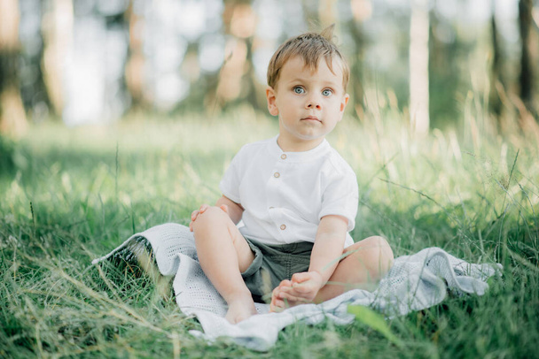 Portrait of a young boy with light hair and blue eyes in a white shirt against a green forest background - Photo, image