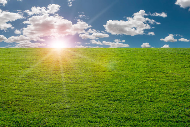Mavi gökyüzünün altında, bulutlar ve ufukta güneş olan yeşil çayır. Güneşli bir günde, gün batımında taze yeşil çimenler. - Fotoğraf, Görsel