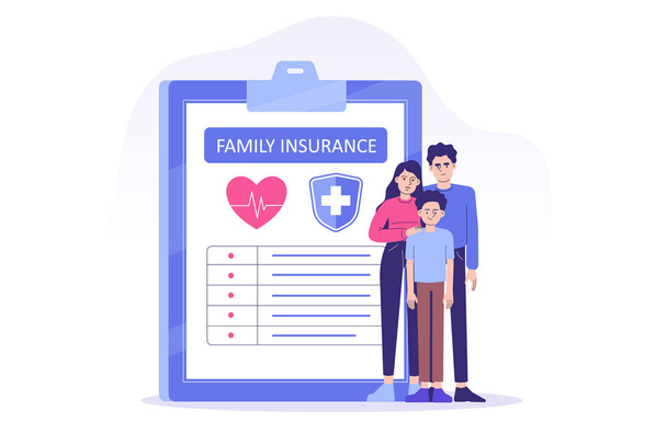 Family Life Insurance concept. Young Family or People having Examination in Hospital Office and filling Medical Document Form. Healthcare. Family protection. Isolated vector illustration - Vector, Image