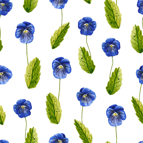 Seamless pattern with watercolor pansies. Hand drawn illustration is isolated on white. Floral ornament with flowers is perfect for linens design, wedding decor, interior wallpaper, fabric textile - 写真・画像