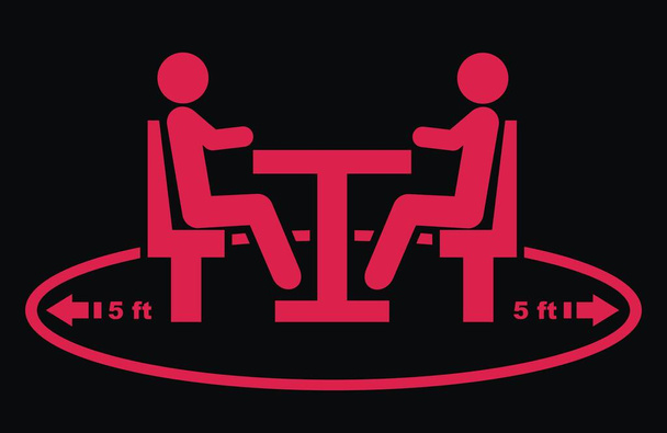 расстояние между столиками в общественных столовых и ресторанах, 5 футов, красный и черный вектор значок
 - Вектор,изображение