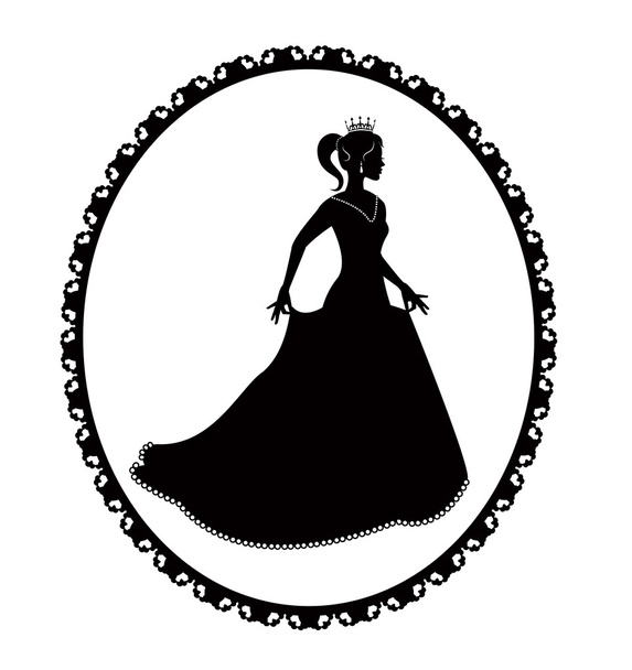 Princess silhouette in long dress and retro frame - Διάνυσμα, εικόνα