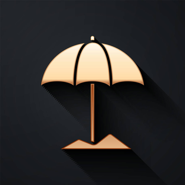 Gold Sun ochranný deštník pro plážové ikony izolované na černém pozadí. Velký slunečník pro venkovní prostor. Plážový deštník. Dlouhý stínový styl. Vektorová ilustrace - Vektor, obrázek