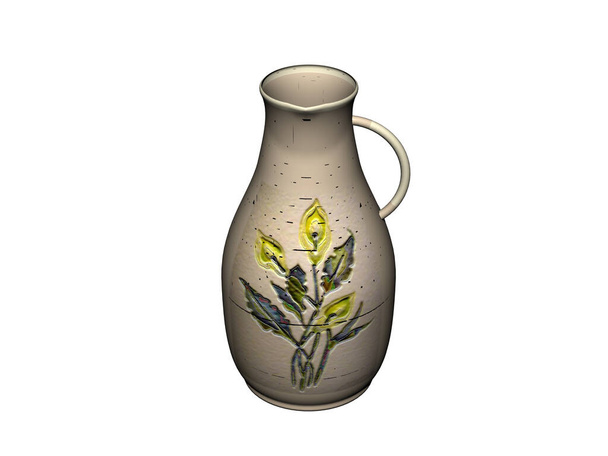jarra de agua de cerámica con decoración floral y asa redonda
 - Foto, Imagen