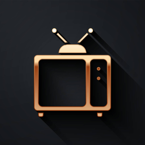 Gold Retro-TV-Symbol isoliert auf schwarzem Hintergrund. Fernsehzeichen. Langer Schatten. Vektorillustration - Vektor, Bild