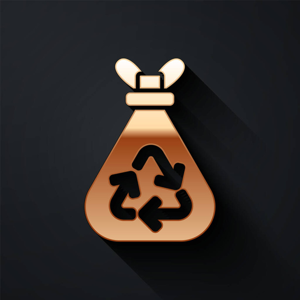 Goldfarbener Müllsack mit Recycling-Symbol auf schwarzem Hintergrund. Mülleimer-Symbol. Papierkorb-Schild. Langer Schatten. Vektorillustration - Vektor, Bild