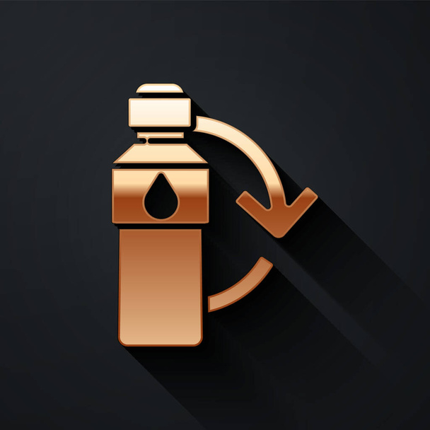 Gold Recycling Plastikflasche Symbol isoliert auf schwarzem Hintergrund. Langer Schatten. Vektorillustration - Vektor, Bild