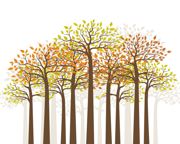 Wektorowa ilustracja jesiennego lasu. Drzewa z kolorowymi liśćmi. Naturalne tło - Wektor, obraz