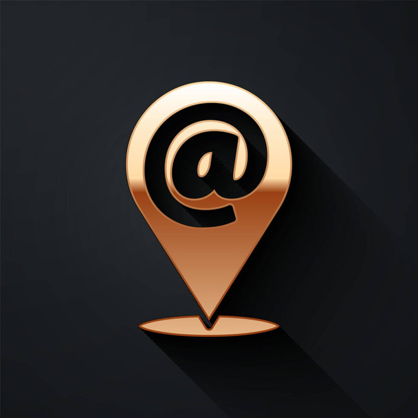 Ubicación de oro y correo electrónico y el icono de correo electrónico aislado sobre fondo negro. Envolvente símbolo e-mail. Señal de correo electrónico. Estilo de sombra larga. Ilustración vectorial
 - Vector, imagen