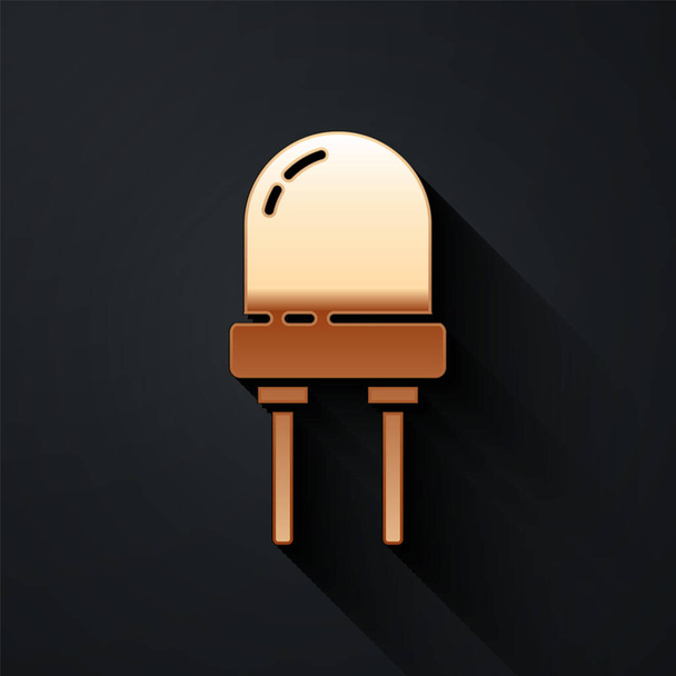 Gold Light emitting diode icon isolated on black background. Semiconductor diode electrical component. Long shadow style. Vector Illustration - Vector, Image