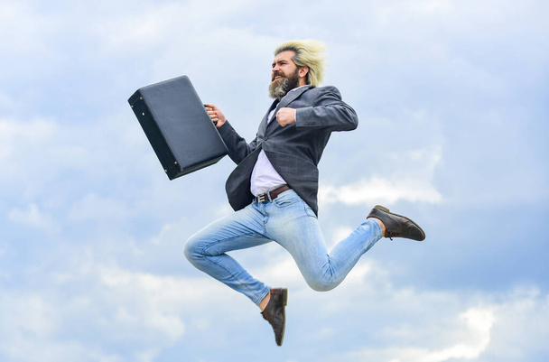 Happy worker. Feeling free. Business man formal suit carries briefcase. Illegal deal business. Find your life mission. Businessman run away business case. Feel impact. Hipster hold briefcase. Freedom - Foto, Bild