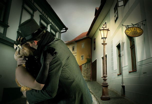Couple in Love with Romantic Street in Background-Love Concept - Zdjęcie, obraz