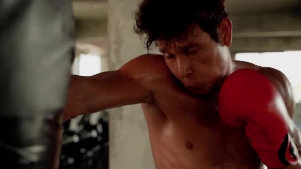 Boxer mit Tätowierungen auf den Rippen boxen und boxen den Sandsack bis zur Erschöpfung - Filmmaterial, Video