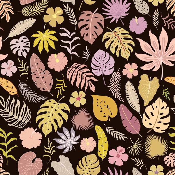 Seamless pattern with colorful tropical leaves and flowers - Vektör, Görsel