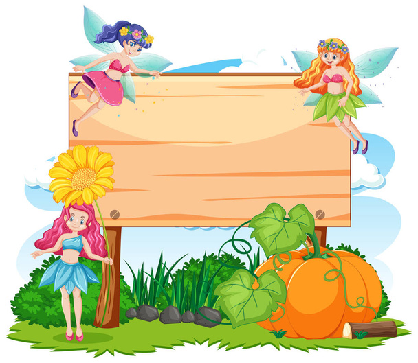 Sprookjes in de tuin met lege banner cartoon stijl op witte achtergrond illustratie - Vector, afbeelding