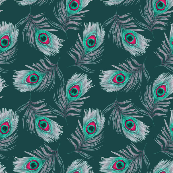 Decorative seamless pattern with beautiful peacock feathers. Trendy texture. Hand drawn with crayons. - Fotoğraf, Görsel