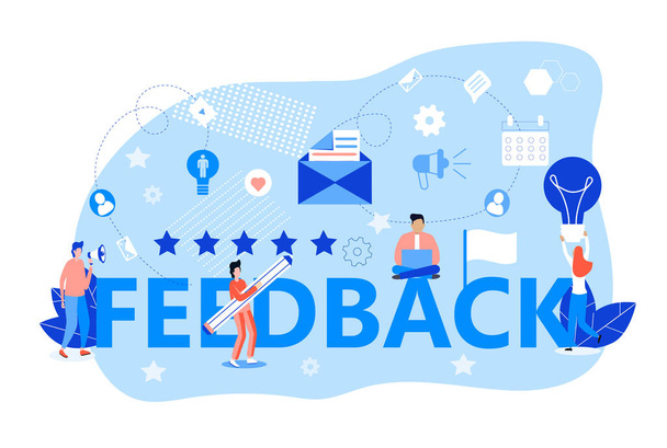 Feedback concept vector. User are giving five star Feedback. Clients choose best rating. People writing positive review. Feedback consumer illustration for web, social nets - Vector, Image