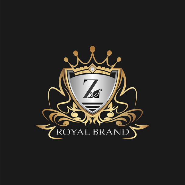 Логотип Z Letter Gold Shield. Элегантный векторный шаблон логотипа с буквой алфавита на раме щита, украшенный векторным дизайном
. - Вектор,изображение