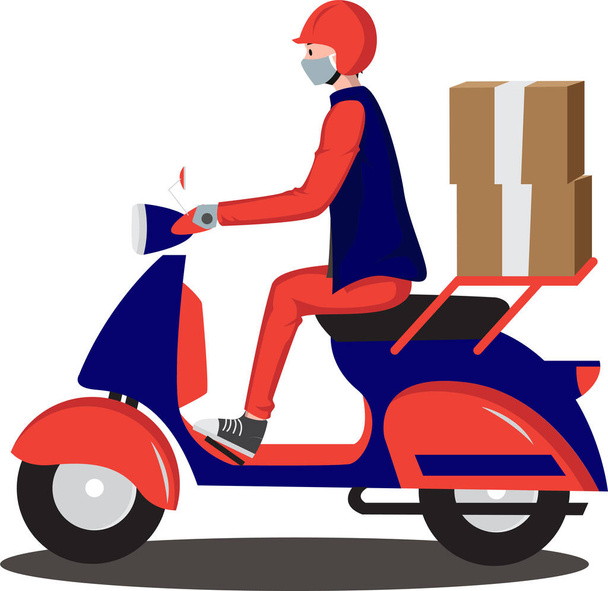 Consegna uomo sta consegnando pacchetto utilizzando moto
 - Foto, immagini