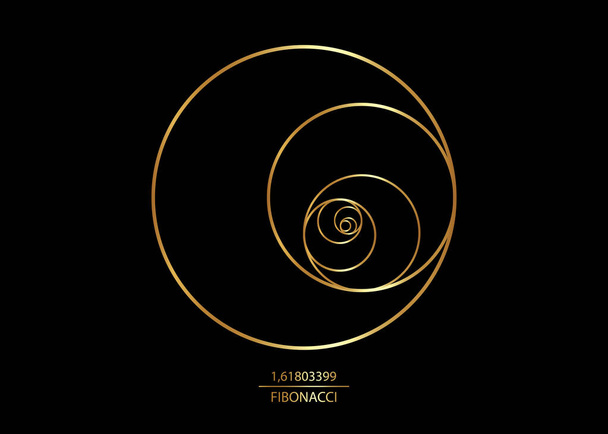 Fibonaccin sekvenssiympyrä. Kultainen suhde. Geometriset muodot kierre. Ympyrät kultaisessa suhteessa. Futuristinen minimalistinen muoti suunnittelu. Ylellinen kultainen logo. Vektorikuvakeisolaatti mustalla pohjalla
 - Vektori, kuva