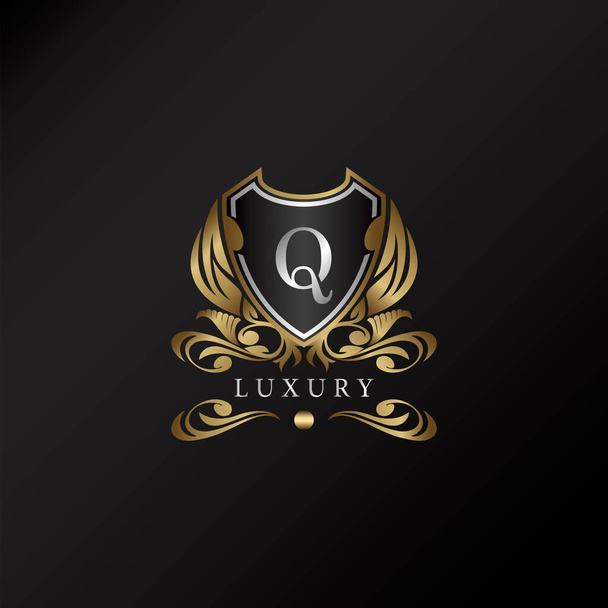 Shield logo in gold color with letter Q Logo. Elegant logo vector template made of wide silver alphabet font on shield frame ornate style. - Vector, Image