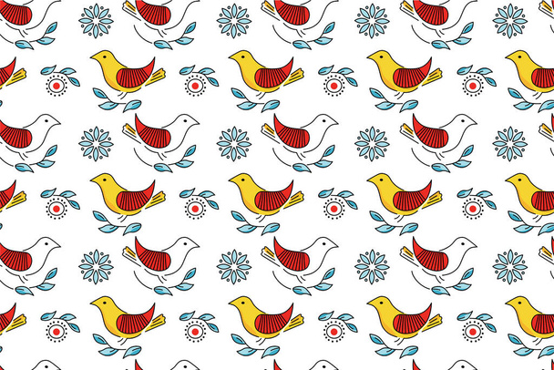 Ilustrace ptáků, květiny, bezproblémový vzor ve venkovském stylu. Ozdoba pro tisk na papír, textil, výšivky - Fotografie, Obrázek