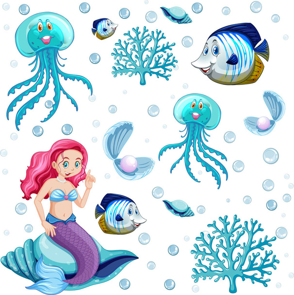 Ensemble d'animaux de mer et personnage de dessin animé sirène sur fond blanc illustration - Vecteur, image