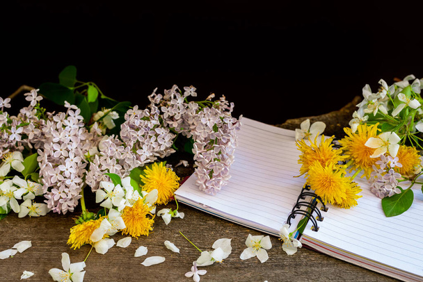 Apple tree dandelion lilac flowers and notebook. - 写真・画像
