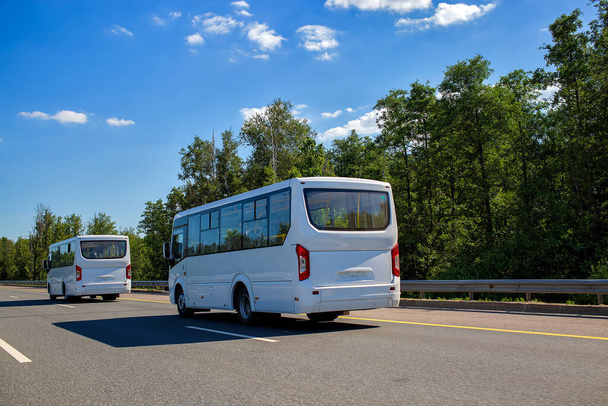 два новых белых микроавтобуса едут в конвое вдоль шоссе в солнечный день летом. крупным планом, вид сзади
 - Фото, изображение
