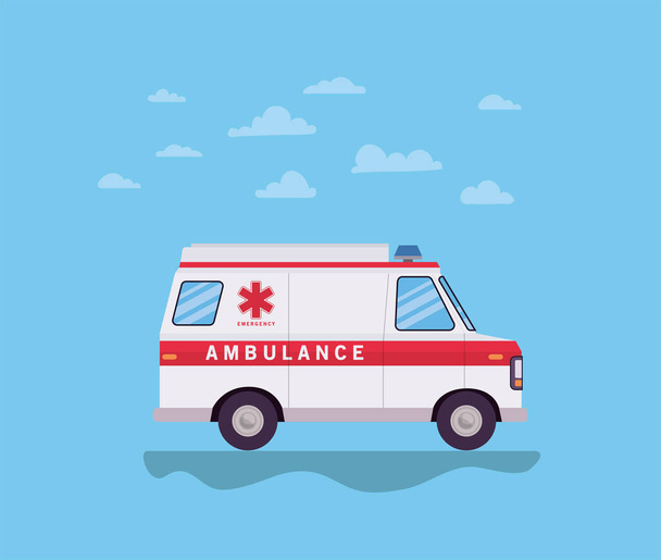 Ambulanssi ensihoitaja auton sivunäkymä ja pilvet vektorisuunnittelu
 - Vektori, kuva