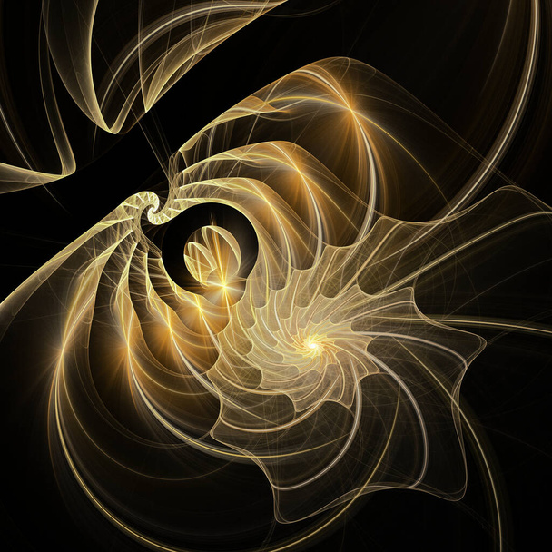 Una spirale luminosa luminosa diverge in onde su uno sfondo nero. Sfondo frattale astratto. Illustrazione 3D. Rendering 3D
. - Foto, immagini