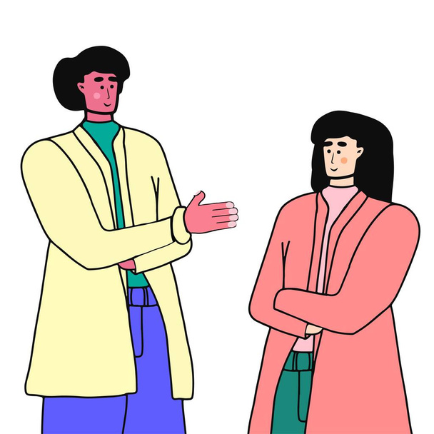 Conhecimento de dois jovens. Um homem estende a mão a uma mulher. reunião de negócios. Personagem vetorial em estilo cartoon isolado no fundo branco
. - Vetor, Imagem