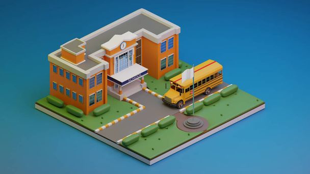 3D καθιστούν ισομετρική., Σχολή και το σχολικό λεωφορείο., 3d εικονογράφηση. - Φωτογραφία, εικόνα