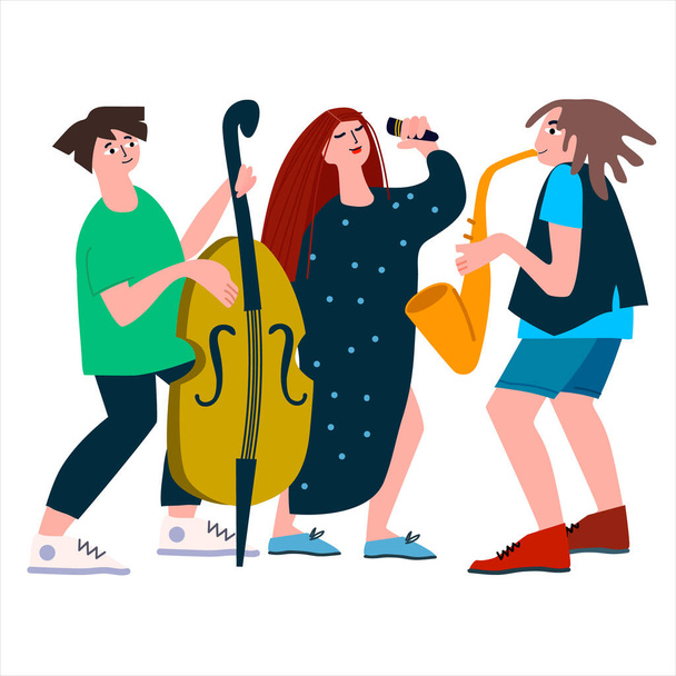 Saxophone, double bass and vocal trio performance. Jazz band vector illustration in flat style - Vector, Image