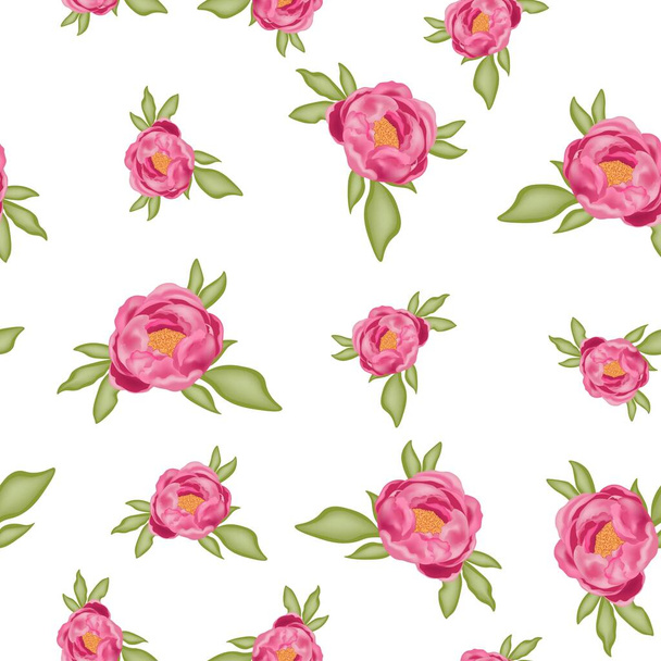 Pattern with pink peonies and green leaves isolated on a white background, stock vector illustration with 3D effect, postcard, banner, poster, fabric, packaging - Vektor, Bild