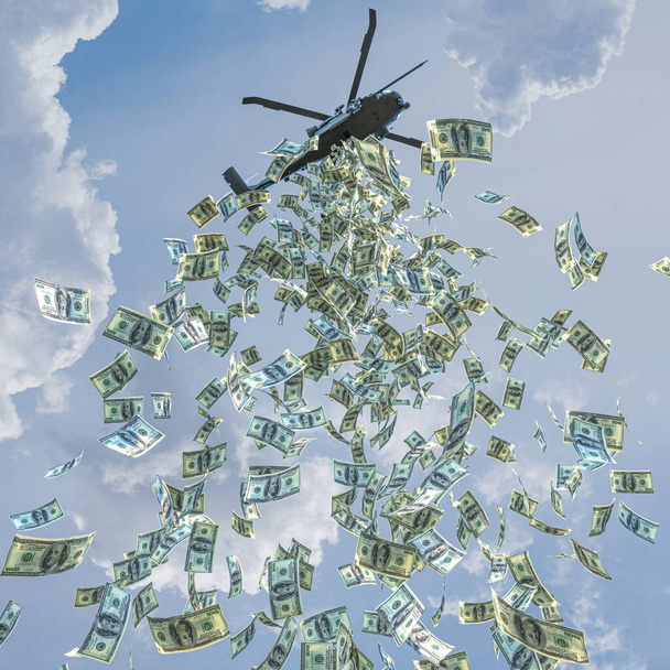 Helicopter money concept, dollars are spread out to increase financial liquidity. Economy and finance. 3d render. - Foto, Imagem