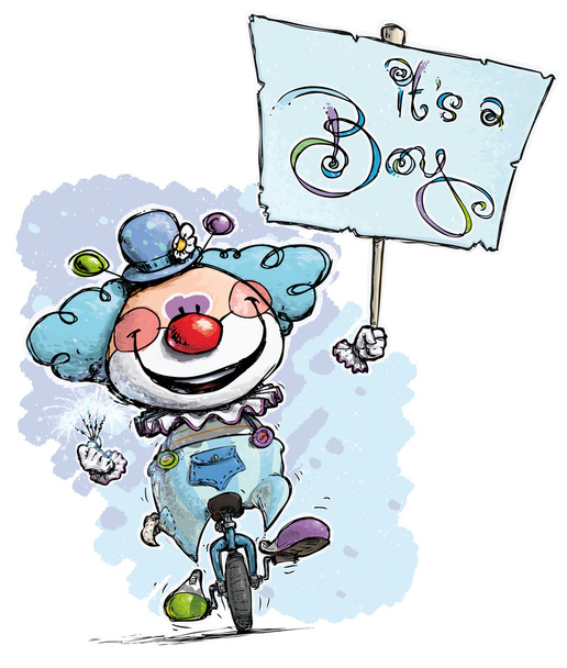 Clown on Unicycle Holding an It's a Boy Placard - Vector, Image