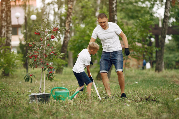 Father with little son are planting a tree on a yard - Foto, afbeelding