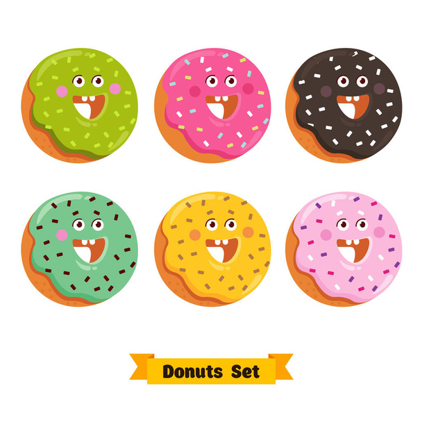 Funny cartoon donut character emoticon set. Happy donut sticker. Vector illustration. - Vector, Image