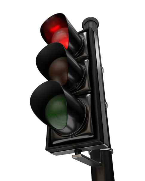Primer plano en un semáforo, la luz roja está encendida, aislada sobre fondo blanco
 - Foto, Imagen