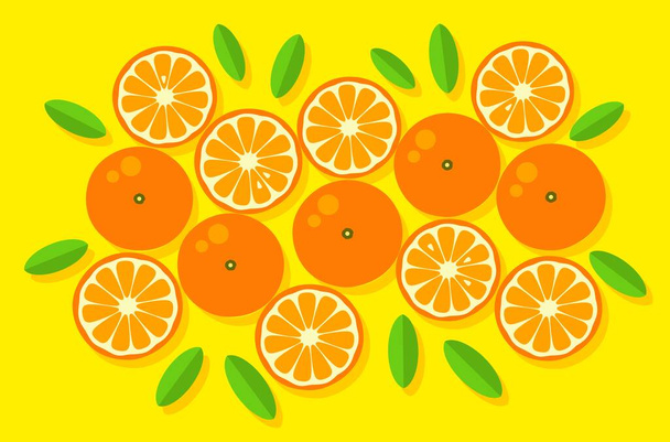 Orange background. Orange tangerine grapefruit lemon lime on a yellow background. Vector illustration of summer fruits and citrus. Citrus icons and silhouettes. Cute painted oranges. Tropical fruits - Вектор,изображение