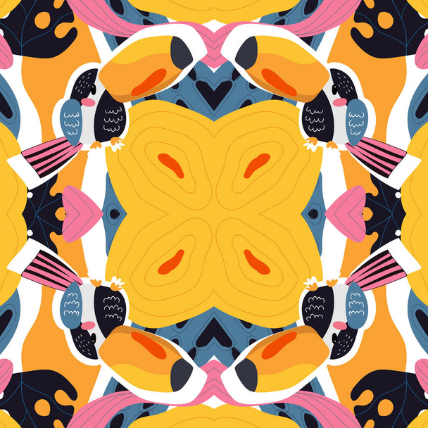 Vector seamless abstract tropical pattern with cute animal character toucans and leaves in pink, blue, yellow colors. Summer background for fabric, wallpaper, textile, wrapping paper ets. - Vector, Image