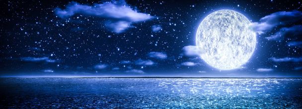 Romantic Moon With Clouds And Starry Sky Over Sparkling Blue Water - Photo, Image
