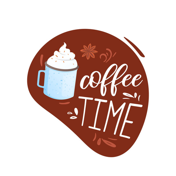 Coffee time label with lettering and cup of drink. - Vektor, Bild