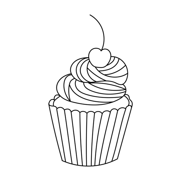 Hand drawn cupcake with cream and cherry on the top. Vector outline illustration isolated on white background - Vetor, Imagem