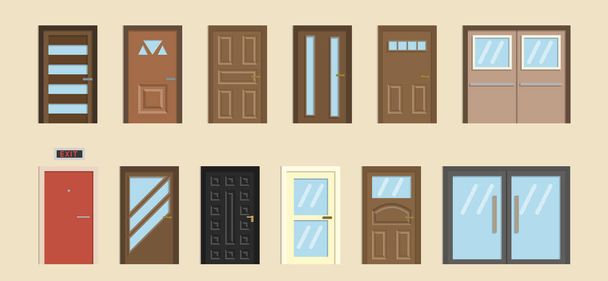 Első ajtók házak és épületek set lapos design stílus, vektor illusztráció - Vektor, kép