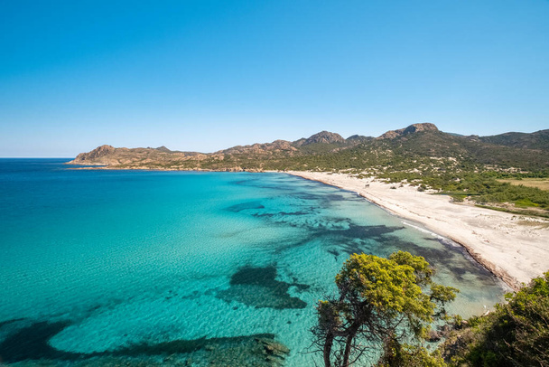 Mar Mediterrâneo turquesa translúcido que se estende sobre uma praia quase deserta de Ostriconi, na região de Balagne, na Córsega, com o Deserto dos Agriados atrás
 - Foto, Imagem