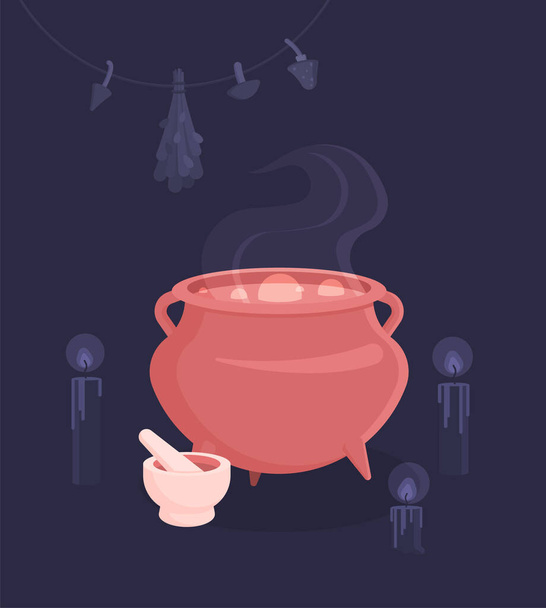 Set for witches magic ritual. A potion is brewed in a cauldron, a mortar and candles are nearby. Flat vector illustration. - Vector, Image