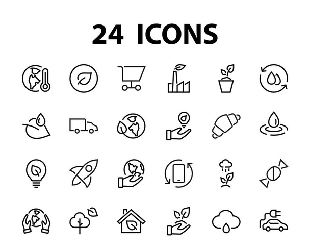 De set van ECOLOGY iconen, vectorlijnen, bevat iconen als een elektrische auto, opwarming van de aarde, bos, eco, waterplanten, een plant en nog veel meer. Bewerkbare slag, witte achtergrond - Vector, afbeelding